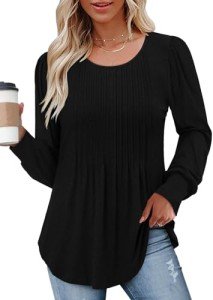 onlypuff Long Sleeve Shirts for Women Fall Tops Dressy Casual Blouses Pleated Crew Neck Tunic Tops for Leggings Black
