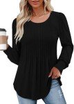onlypuff Long Sleeve Shirts for Women Fall Tops Dressy Casual Blouses Pleated Crew Neck Tunic Tops for Leggings Black