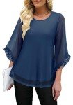 CHICZONE Blouse Womens Summer Double Layers Mesh Shirt 3/4 Sleeve Crew Neck Tunic Tops Ladies Loose Flowy Chiffon Fashion Elegant Dressy Top Navy Large