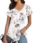 WNEEDU Women Top Summer T-Shirt 2024 Casual V Neck Petal Sleeve Blouses Loose Fit Tee Shirt Floral White M