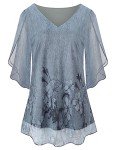 Viracy Womens Overlap Ruffle Sleeve V Neck Mesh Blouse Elastic Loose Flowy Tunic Tops Light Grey