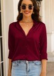 CBOO Women Elegant Satin Blouses Shirts, Soft Silk Shirts Top, Satin Button Down Shirts, Office Long Sleeve Blouse Shirt, #13 Dark Red, X-Large
