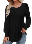 onlypuff Long Sleeve Shirts for Women Fall Tops Dressy Casual Blouses Pleated Crew Neck Tunic Tops for Leggings Black