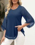 CHICZONE Blouse Womens Summer Double Layers Mesh Shirt 3/4 Sleeve Crew Neck Tunic Tops Ladies Loose Flowy Chiffon Fashion Elegant Dressy Top Navy Large
