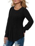 onlypuff Long Sleeve Shirts for Women Fall Tops Dressy Casual Blouses Pleated Crew Neck Tunic Tops for Leggings Black