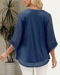 CHICZONE Blouse Womens Summer Double Layers Mesh Shirt 3/4 Sleeve Crew Neck Tunic Tops Ladies Loose Flowy Chiffon Fashion Elegant Dressy Top Navy Large