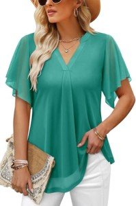 CHICZONE Blouse Women Summer V Neck Shirt Short Sleeve Double Layers Mesh Chiffon Tunics Tops Solid Loose Trendy Dressy Tops for Leggings Water Green Large