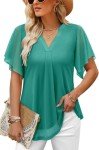 CHICZONE Blouse Women Summer V Neck Shirt Short Sleeve Double Layers Mesh Chiffon Tunics Tops Solid Loose Trendy Dressy Tops for Leggings Water Green Large