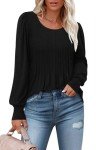 onlypuff Long Sleeve Shirts for Women Fall Tops Dressy Casual Blouses Pleated Crew Neck Tunic Tops for Leggings Black