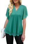 CHICZONE Blouse Women Summer V Neck Shirt Short Sleeve Double Layers Mesh Chiffon Tunics Tops Solid Loose Trendy Dressy Tops for Leggings Water Green Large