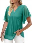 CHICZONE Blouse Women Summer V Neck Shirt Short Sleeve Double Layers Mesh Chiffon Tunics Tops Solid Loose Trendy Dressy Tops for Leggings Water Green Large