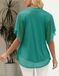 CHICZONE Blouse Women Summer V Neck Shirt Short Sleeve Double Layers Mesh Chiffon Tunics Tops Solid Loose Trendy Dressy Tops for Leggings Water Green Large