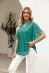 CHICZONE Blouse Women Summer V Neck Shirt Short Sleeve Double Layers Mesh Chiffon Tunics Tops Solid Loose Trendy Dressy Tops for Leggings Water Green Large