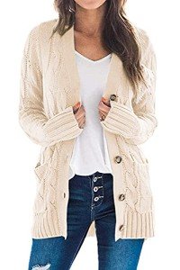 YACUN Women Cable Knit Cardigan Long Sleeve Button Down Sweaters with Pocket Knitwear Beige S