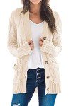 YACUN Women Cable Knit Cardigan Long Sleeve Button Down Sweaters with Pocket Knitwear Beige S