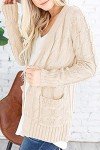 YACUN Women Cable Knit Cardigan Long Sleeve Button Down Sweaters with Pocket Knitwear Beige S