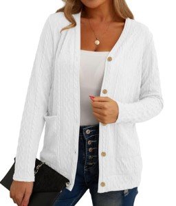 GRECERELLE Womens Lightweight Cardigan Sweater Long Sleeve Button Down Ribbed Knit Outerwear Open Front Tops with Pockets White-L