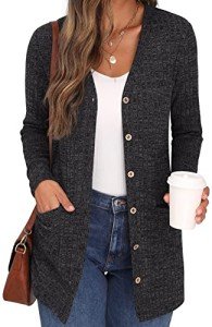 GRECERELLE Cardigan for Women Open Front Button Down Ribbed Knit Lightweight Ladies Sweater V Neck Long Sleeve Outerwears with Pockets Dark Gray-L