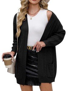 For G and PL Women's Cable Knit Open Front Long Sleeve Cardigan Sweater with Pocket Black 2XL