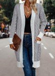 Dazosue Women Open Front Cardigans Patchwork Cable Knit Long Sleeve Buttonless Knitwear with Pockets Grey S
