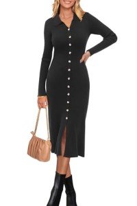 Black Long Sleeve Women's Knit Midi Dress