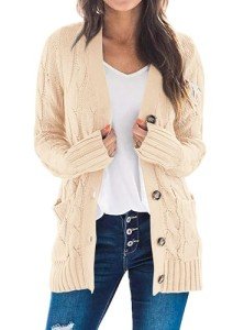 PRETTYGARDEN Women's Open Front Cardigan Sweaters Fashion Button Down Cable Knit Chunky Outwear Coats(Beige,Large)
