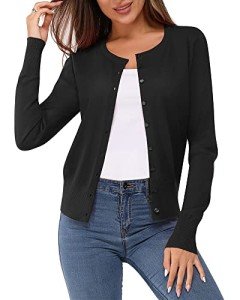 Newshows Women's Solid Button Down Long Sleeve Classic Crew Neck Knit Cardigan Sweater(Black,Medium)