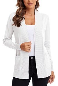 Urban CoCo Women's Lightweight Open Front Knit Cardigan Sweater Long Sleeve with Pocket (White, L)