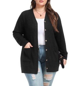 OLRIK Plus Size Cardigans for Women Open Front Buttons Down Ladies Sweater Outerwear with Pockets Black-4X
