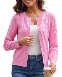GRACE KARIN Cardigan for Women Long Sleeve Cable Knit Cardigan Crewneck Button Down Sweater Jacket Knitwear Pink Large