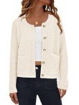 PRETTYGARDEN Open Front Cardigan Sweaters for Women Button Down Long Sleeve Casual Cute Knitted Shirts with Pockets (White,Small)