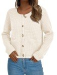 PRETTYGARDEN Open Front Cardigan Sweaters for Women Button Down Long Sleeve Casual Cute Knitted Shirts with Pockets (White,Small)