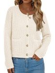 PRETTYGARDEN Open Front Cardigan Sweaters for Women Button Down Long Sleeve Casual Cute Knitted Shirts with Pockets (White,Small)