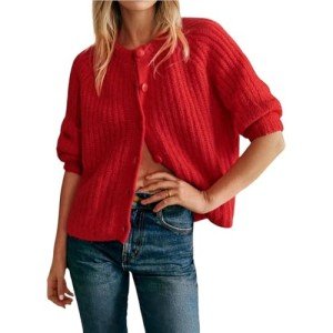 Beaufident Women's Casual Long Sleeve Crewneck Button Down Cardigan Sweater Cable Knit Outwear,Red,Large