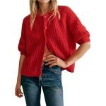 Beaufident Women's Casual Long Sleeve Crewneck Button Down Cardigan Sweater Cable Knit Outwear,Red,Large