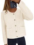 PRETTYGARDEN Open Front Cardigan Sweaters for Women Button Down Long Sleeve Casual Cute Knitted Shirts with Pockets (White,Small)