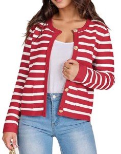 wkwmrpet Womens Open Front Striped Cardigan Button Down Crop Sweater with Pockets Red S