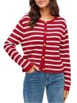 wkwmrpet Womens Open Front Striped Cardigan Button Down Crop Sweater with Pockets Red S
