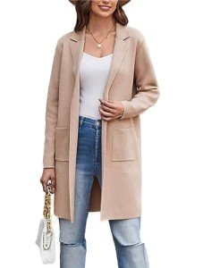 GRACE KARIN Long Sleeve Cardigan for Women Lapel Open Front Sweater with Pockets Knit Long Cardigan for Autumn Beige Medium
