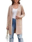 GRACE KARIN Long Sleeve Cardigan for Women Lapel Open Front Sweater with Pockets Knit Long Cardigan for Autumn Beige Medium