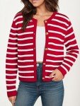 wkwmrpet Womens Open Front Striped Cardigan Button Down Crop Sweater with Pockets Red S