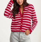 wkwmrpet Womens Open Front Striped Cardigan Button Down Crop Sweater with Pockets Red S