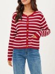 wkwmrpet Womens Open Front Striped Cardigan Button Down Crop Sweater with Pockets Red S