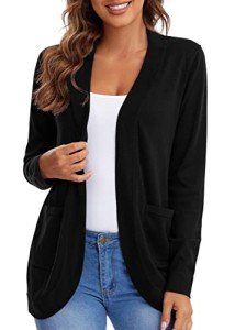 Urban CoCo Womens' Long Sleeve Open Front Knit Sweater Cardigans Curved Hem with Pockets (Black, XL)