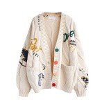 Women's Cable Knit Long Sleeve Open Front Cardigan Sheep V-Neck Button Down Embroidery Wool Blend Sweater Coat Outwear, Beige, Large