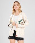 Women's Cable Knit Long Sleeve Open Front Cardigan Sheep V-Neck Button Down Embroidery Wool Blend Sweater Coat Outwear, Beige, Large