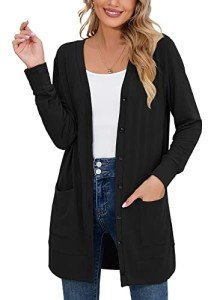 Heymoments Lightweight Open-Front Cardigan Sweater for Women Long Sleeve Causal Button Down Soft Outwear Tops with Pocket Black XL
