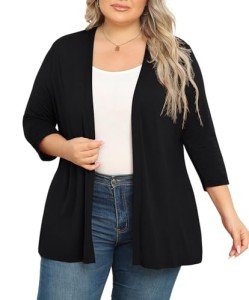 POSESHE Cardigans for Women Plus Size Loose Casual 3/4 Sleeve Open Front Cardigans Drape Duster Sweaters (Black XX-Large)