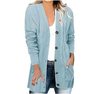 Womens Long Sleeve Cable Knit Tunic Long Cardigan Open Front Button Sweater Casual Plain Outerwear with Pockets, Light Blue, 3X-Large