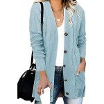 Womens Long Sleeve Cable Knit Tunic Long Cardigan Open Front Button Sweater Casual Plain Outerwear with Pockets, Light Blue, 3X-Large